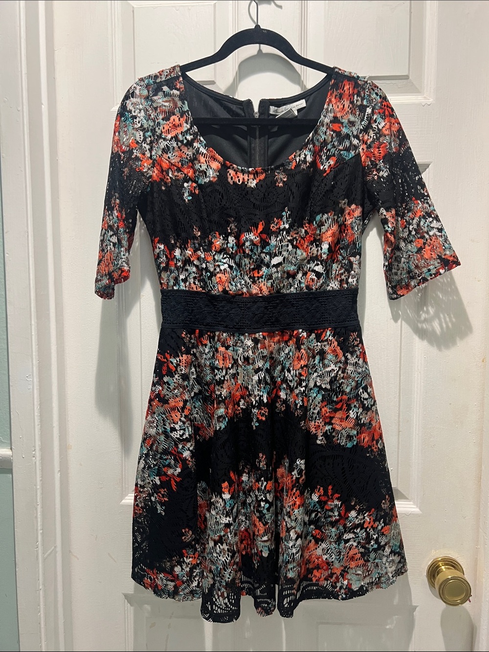 American Rag Black Dress with Coral and Mint Floral Print